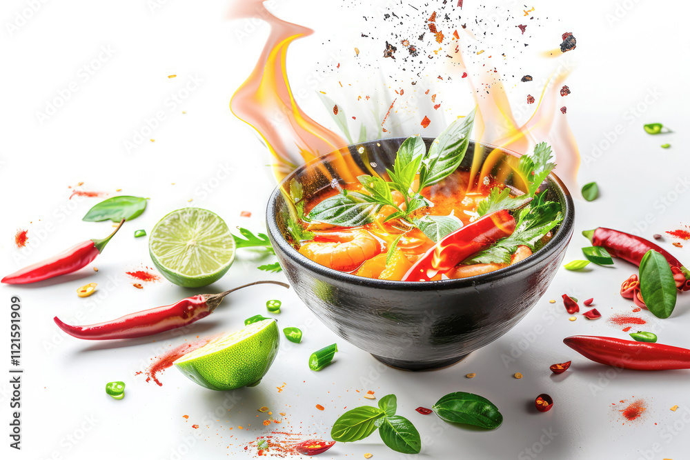 Spicy tom yum soup with fresh vegetables and vibrant peppers, served in a traditional bowl