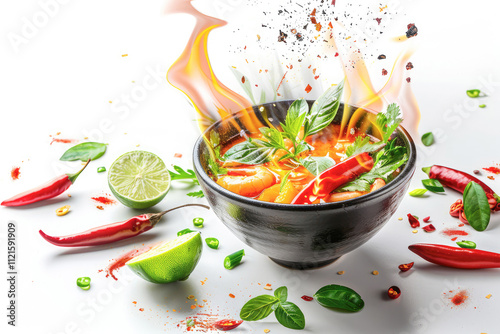 Obraz na płótnie Spicy tom yum soup with fresh vegetables and vibrant peppers, served in a traditional bowl w salonie