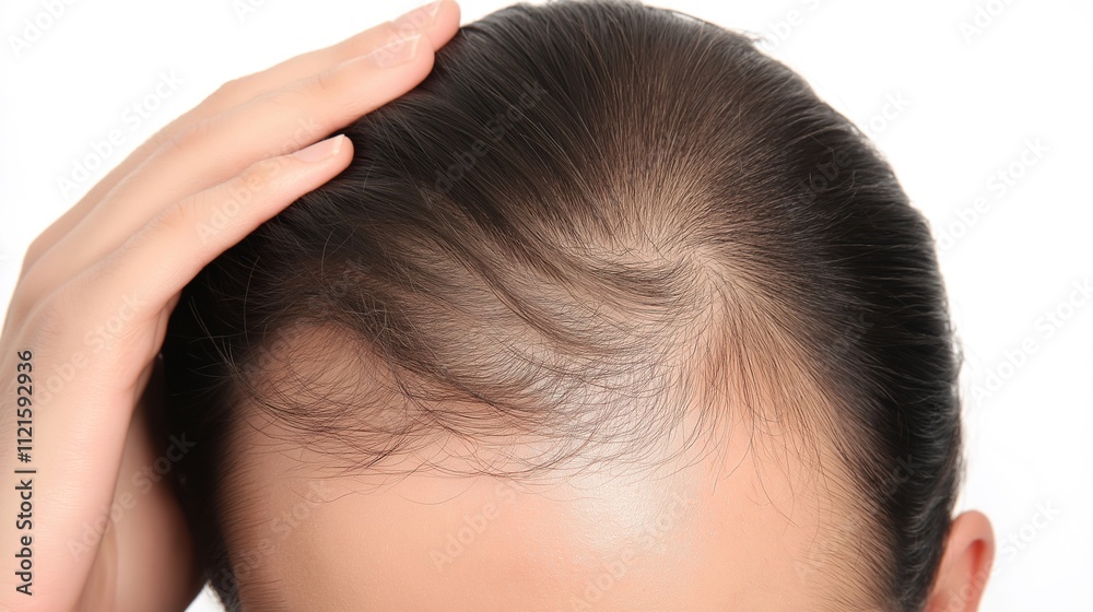Person examining thinning hair in mirror, reflecting on aging and self-care. Embracing natural changes and prioritizing health and well-being. Person examining thinning hair in mirror, reflecting on aging and self-care. Embracing natural changes and prioritizing health and well-being.
