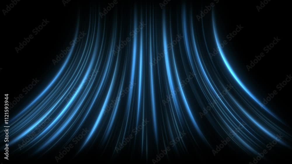 Cold air flow from conditioner effect. air light effect with blue rays. Freezing wind waves air blowing effect. Abstract directional optical fiber neon lines on black Background. Air cooling process