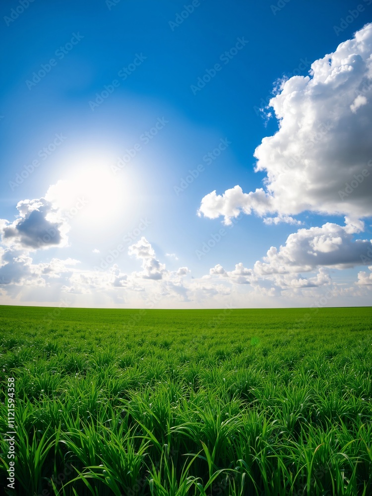 Vibrant Green Rice Field Under Bright Blue Sky with Fluffy White Clouds Vibrant Green Rice Field Under Bright Blue Sky with Fluffy White Clouds