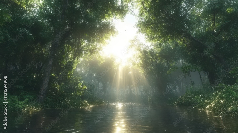 Fototapeta premium Sunlit Forest River: A Serene Escape into Nature's Embrace
