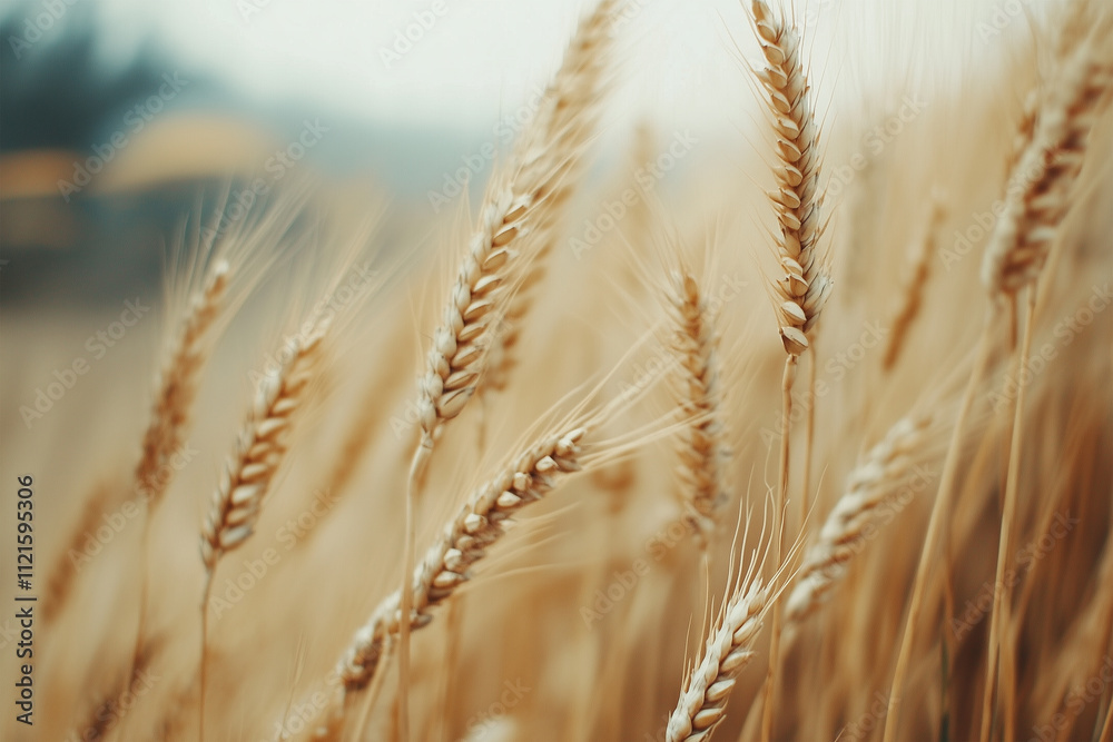 Obraz premium Wheat harvesting on field in summer season. modern harvesters with grain header, wide chaff spreader cut and threshes ripe wheat grain . Process of gathering crop by agricultural machinery