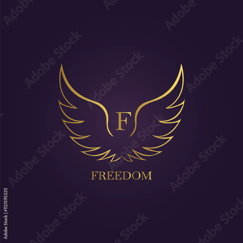 Elegant minimalist golden wings logo with serif letter F and FREEDOM text on dark purple background  photo