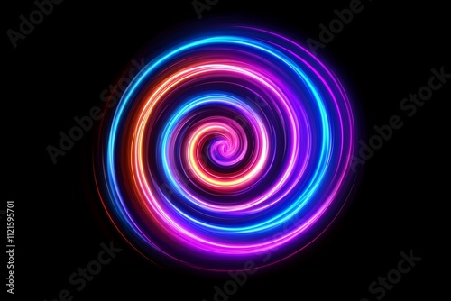 Vibrant spiral of neon colors radiating energy and movement against a dark backdrop.