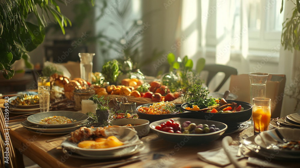 A vibrant table bursting with various dishes of various foods, Numerous delicious snacks are surrounding on the table, Warm festive table setting with variety of dishes and foods. A vibrant table bursting with various dishes of various foods, Numerous delicious snacks are surrounding on the table, Warm festive table setting with variety of dishes and foods.
