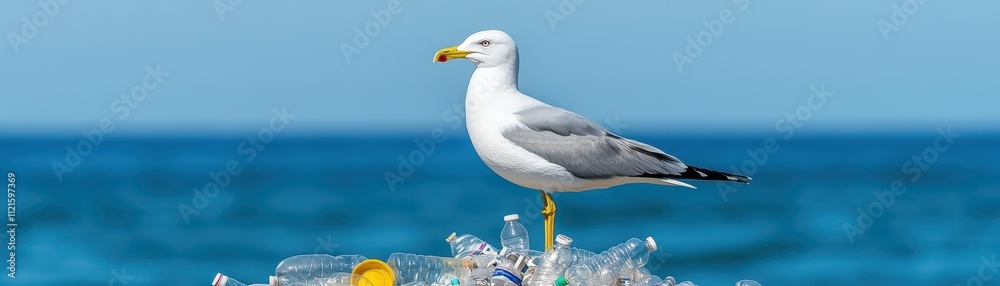 A seagull stands on a pile of plastic waste near the ocean, highlighting environmental pollution and the impact of human waste on wildlife. A seagull stands on a pile of plastic waste near the ocean, highlighting environmental pollution and the impact of human waste on wildlife.