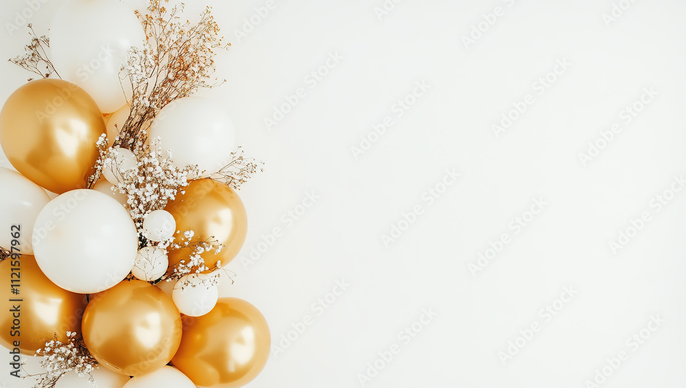Elegant White and Gold Balloons on White Background: Minimalist Digital Art Style for Birthday Party Theme Elegant White and Gold Balloons on White Background: Minimalist Digital Art Style for Birthday Party Theme