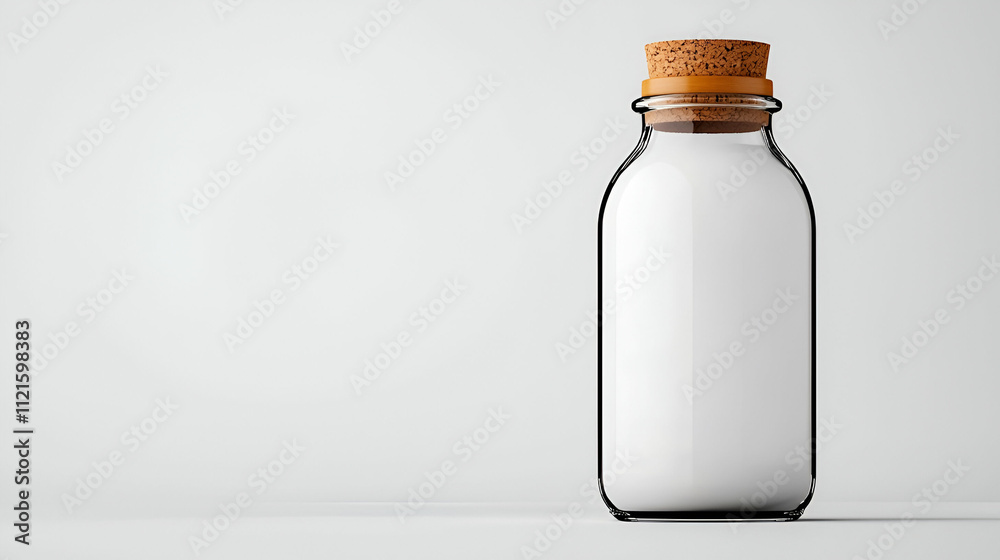 A clear glass bottle filled with white liquid and a cork stopper against a minimalist background. A clear glass bottle filled with white liquid and a cork stopper against a minimalist background.