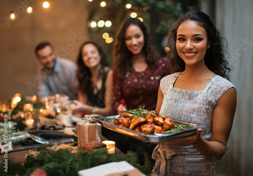 A cheerful woman hosting a festive dinner party, holding a tray of garnished roasted appetisers, surrounded by smiling friends, seasonal decorations, and a cozy holiday ambiance. Generative AI photo