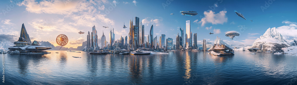 Naklejka premium Futuristic Cityscape with Advanced Technology and Scenic Waterfront