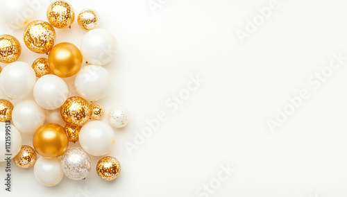 Elegant White and Gold Balloons on White Background: Minimalist Digital Art Style for Birthday Party Theme