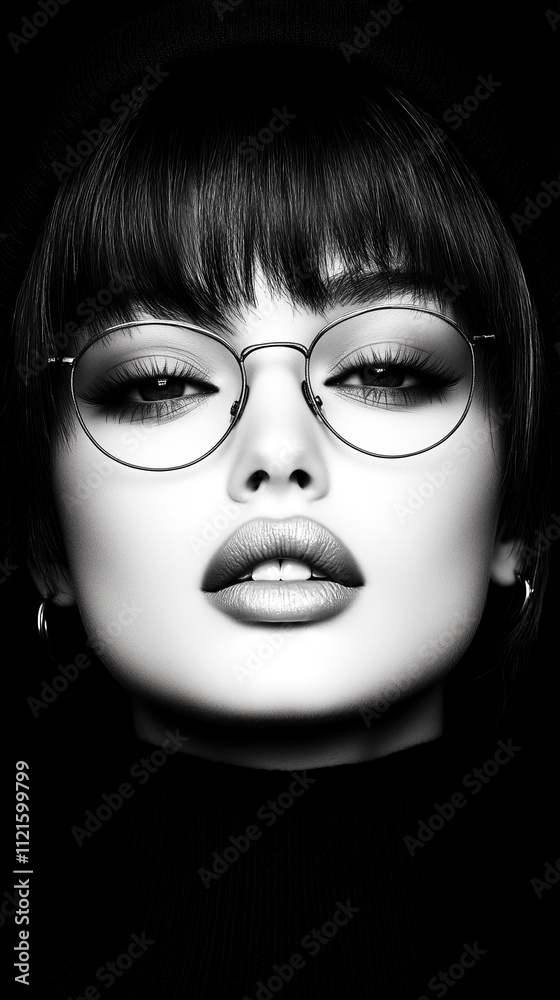 A woman with glasses and a black shirt. The image is black and white. The woman has a serious expression on her face A woman with glasses and a black shirt. The image is black and white. The woman has a serious expression on her face