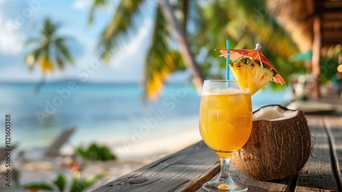 Refreshing tropical drink served in a coconut with pineapple garnish, set against a sunny beach backdrop with palm trees.