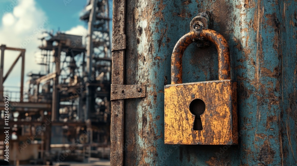 A strong, weathered padlock on a storage container, symbolizing robust protection and strength, with an industrial background of steel structures and machines A strong, weathered padlock on a storage container, symbolizing robust protection and strength, with an industrial background of steel structures and machines