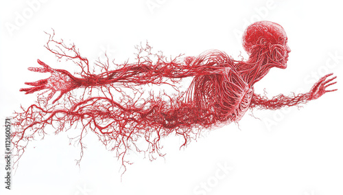 Intricate Red Digital Art Revealing Human Circulatory System: Veins and Capillaries in Sharp Focus on White Background