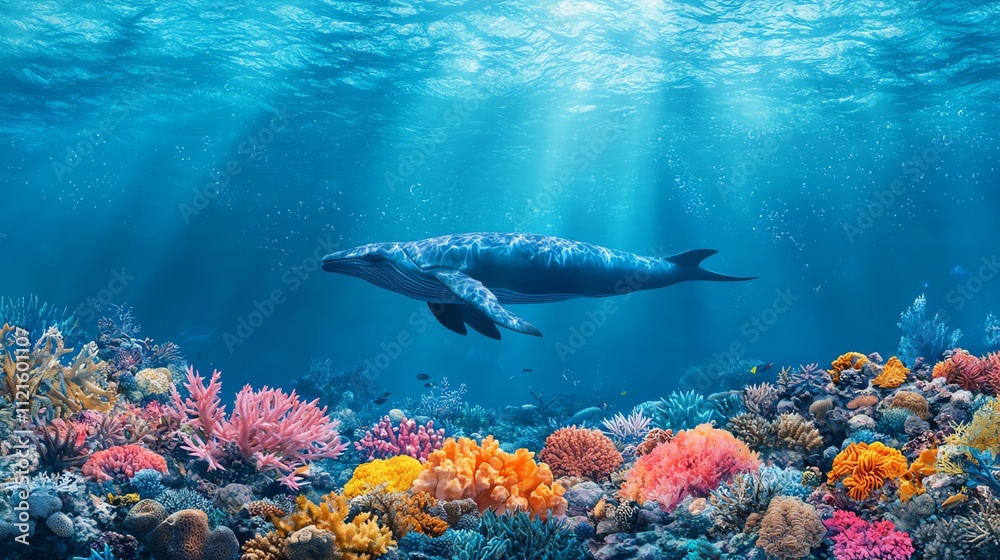Fototapeta premium A serene underwater scene featuring vibrant coral reefs and a majestic animal swimming.
