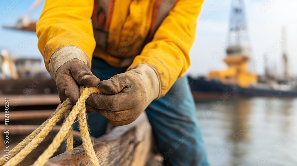 Adept dockworker in gloves expertly secures ropes around a small wooden boat, getting it ready for lifting or securing in a busy harbor setting Adept dockworker in gloves expertly secures ropes around a small wooden boat, getting it ready for lifting or securing in a busy harbor setting