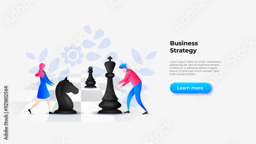 Businesspeople developing business strategy moving giant chess pieces on a chessboard