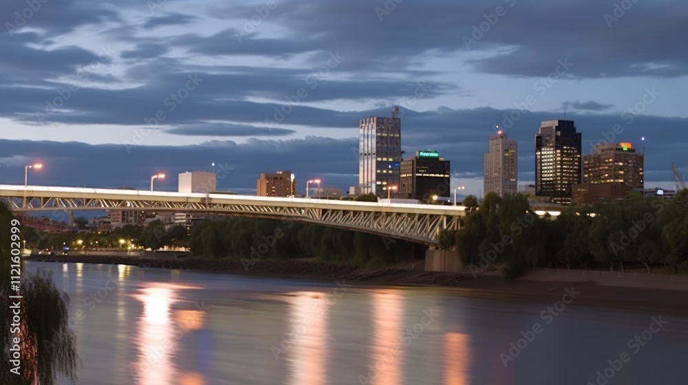 Fototapeta premium A city skyline at dusk with a bridge over a river, showcasing urban architecture and lights.