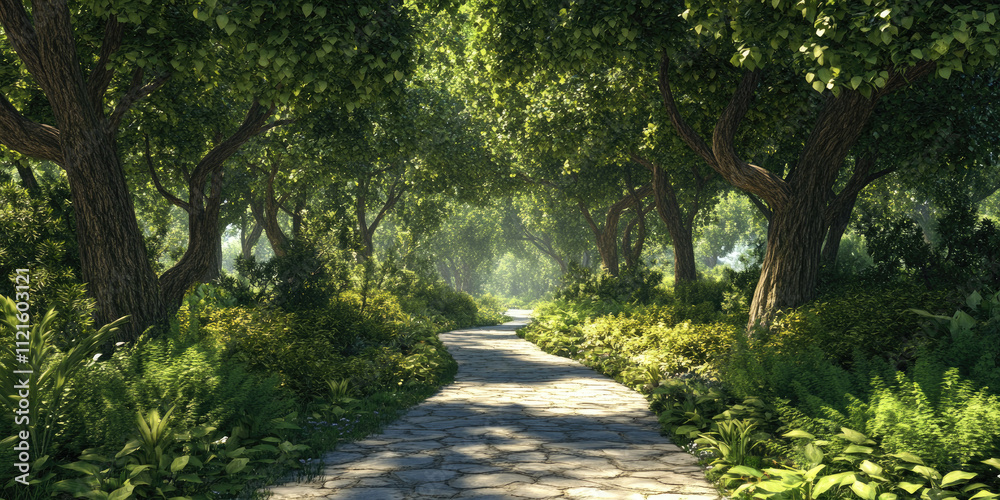 A path winds through a dense forest background, a narrow trail surrounded by towering trees and lush greenery A path winds through a dense forest background, a narrow trail surrounded by towering trees and lush greenery