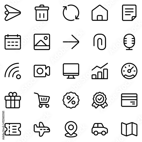 Collection of Basic Essential Related Vector Line Icons. Contains Icons like Arrow, Trash Can, Graph, Credit Card and more. Editable stroke. 48x48 pixels