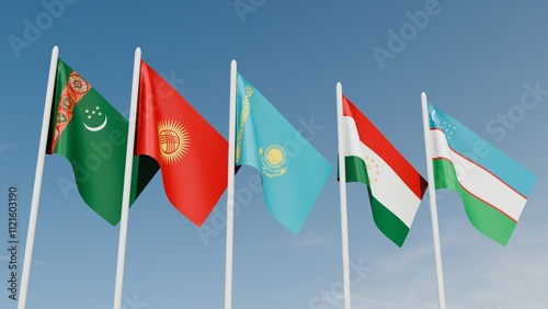 Fotografie flags of Central asian in the sky 3d illustration image