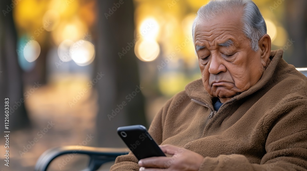 Elderly latino man on park bench looking exhausted while using smartphone Elderly latino man on park bench looking exhausted while using smartphone
