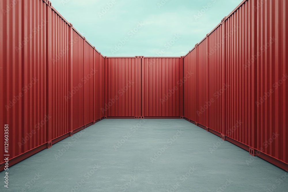 A minimalist view of red shipping containers against a serene sky, creating a geometric scene. A minimalist view of red shipping containers against a serene sky, creating a geometric scene.