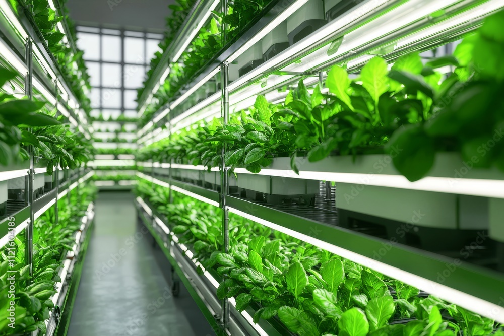 Lush green hydroponic plants thriving in a modern indoor farm with bright LED lighting. Lush green hydroponic plants thriving in a modern indoor farm with bright LED lighting.