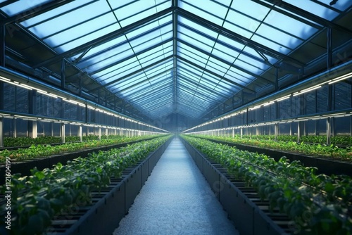 A vibrant greenhouse filled with lush green plants under bright blue lighting.