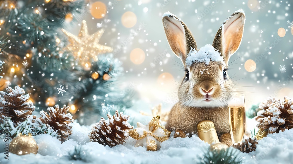 Obraz premium Adorable bunny with snow on its head next to a champagne glass, golden decorations, and snow-covered pinecones, festive glowing background with bokeh lights, perfect for New Year and Christmas greetin
