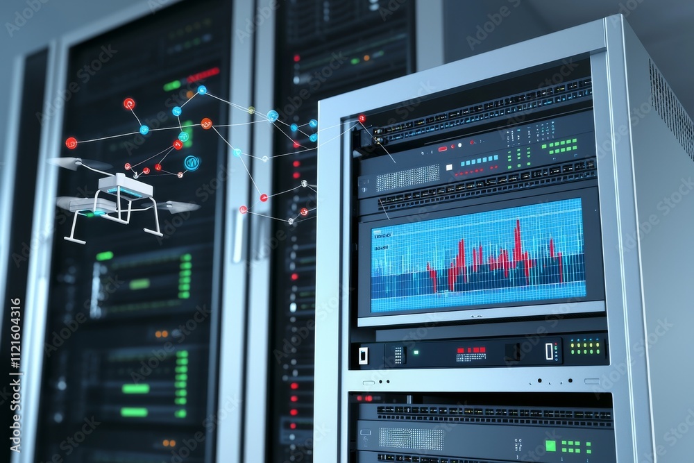 A futuristic data center showcasing a drone control system and data visualization on server racks. A futuristic data center showcasing a drone control system and data visualization on server racks.