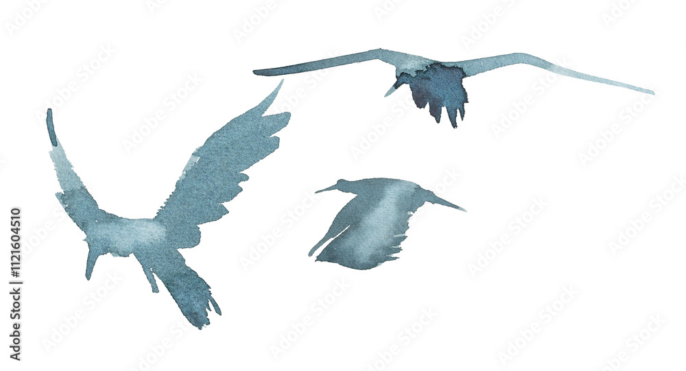 Obraz premium Watercolor bird silhouette. Watercolor fluing birds isolated on white.
