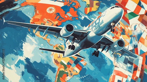 International Civil Aviation Day Poster with Jetliner Flying Over a Digital World Map photo