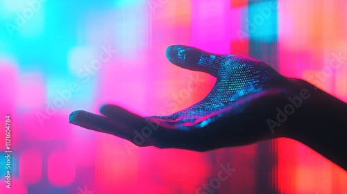 A vibrant hand reaching out, illuminated by colorful lights and abstract backgrounds. photo