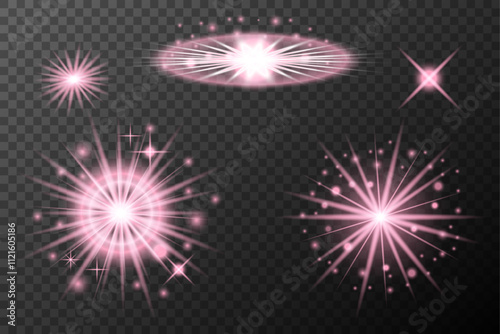 Set light effect Pink isolated flare explosion shiny dust line solar flare star spark neon light holidays festival, vector element