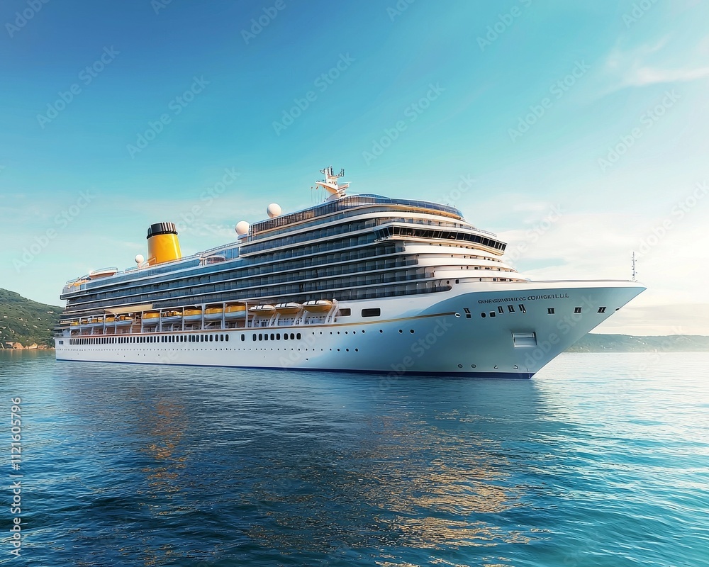 A majestic cruise ship sails through calm waters under a clear blue sky. A majestic cruise ship sails through calm waters under a clear blue sky.