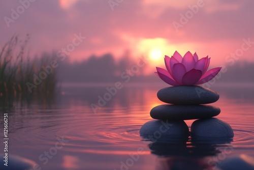 A serene pink lotus flower atop smooth stones in a tranquil lake at sunset, creating a calm and peaceful atmosphere.