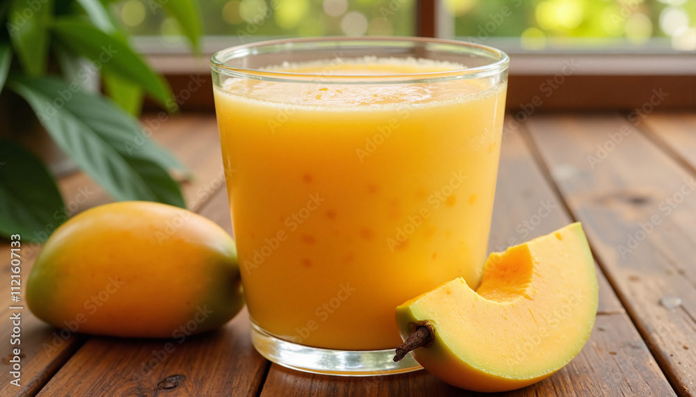 Mango smoothie with refreshing mood on wooden table Mango smoothie with refreshing mood on wooden table