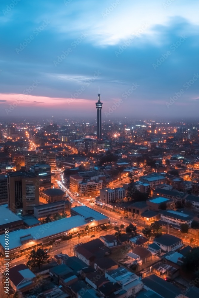 A stunning cityscape at dusk featuring a tall communication tower amidst the urban landscape. A stunning cityscape at dusk featuring a tall communication tower amidst the urban landscape.