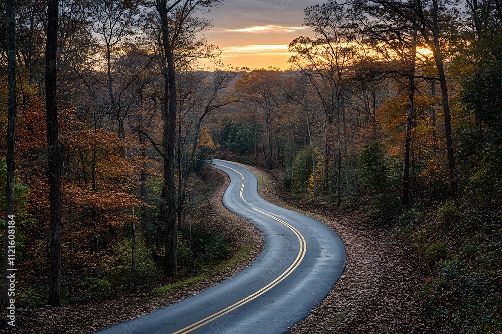 Fototapeta premium Winding Road Through Autumn Woods: A picturesque winding road snakes through a vibrant tapestry of autumnal foliage, bathed in the golden glow of a setting sun.