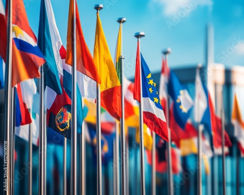 A vibrant display of international flags fluttering in the breeze against a bright blue sky. photo