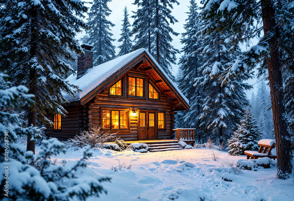 Cozy wooden cabin illuminated in a snowy forest during winter evening Cozy wooden cabin illuminated in a snowy forest during winter evening