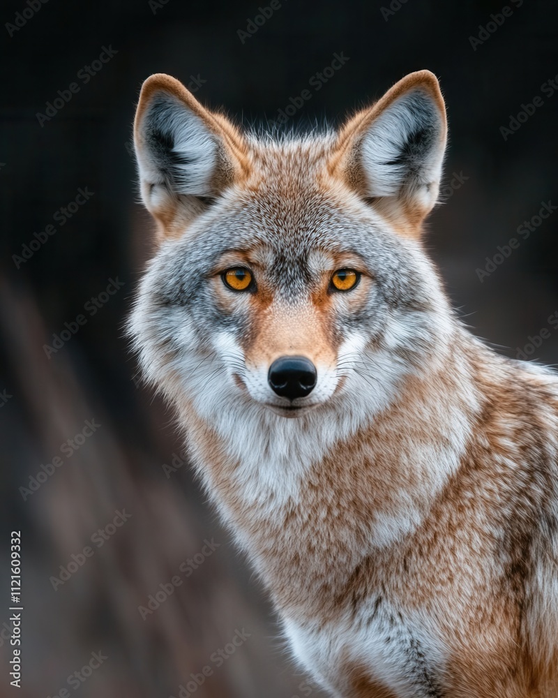 Fototapeta premium Fixing one's gaze on the yellow ember eyes of a male wolf in a wildlife portrait and conservancy