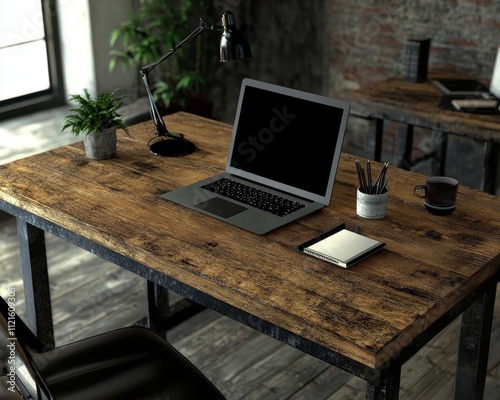 A modern workspace featuring a sleek laptop on a rustic wooden desk with stylish office accessories and greenery.