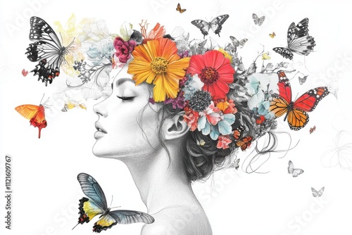 girl with butterfly on white