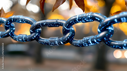 Futuristic chain with digital patterns in autumn light
