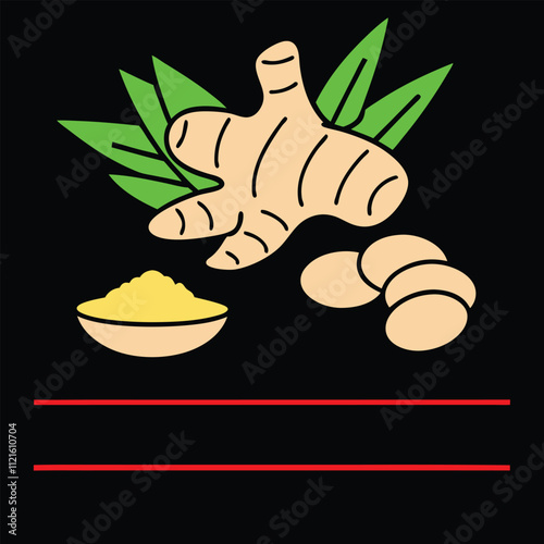 Ginger Root with Leaves and Powder