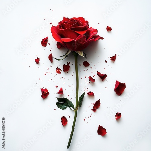 Single red rose with scattered petals on white background.